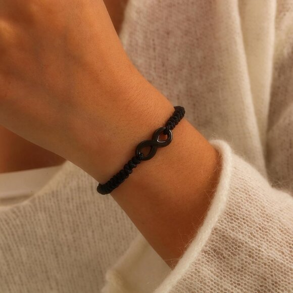 Matching Infinity Couples Bracelets Steel & Black Braided Cord Modern Unisex Jew - Picture 5 of 8